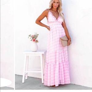 Gingham ruffle pink maxi dress